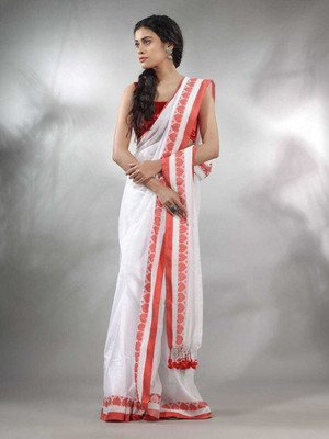 Sthaker Self Design Handloom Cotton Blend Saree(White)