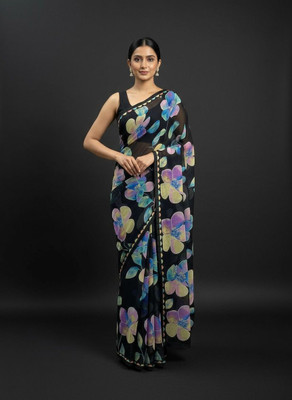 NAVKAR TEXTILES Floral Print, Printed Bollywood Georgette Saree(Black)