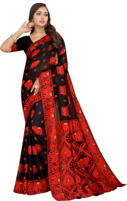 NENCY FASHION Woven, Self Design Jamdani Jacquard, Cotton Silk Saree(Black, Red)