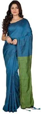 zayraa Solid/Plain Daily Wear Cotton Blend Saree(Blue)