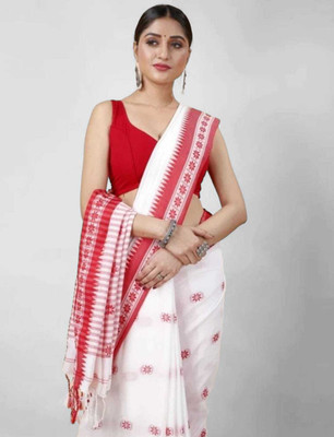 psaree Woven Tant Cotton Blend Saree(Red, White)