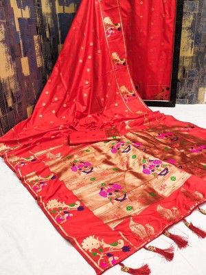 DURGA TEXTILE Printed, Self Design, Embellished, Woven, Animal Print, Blocked Printed Paithani Jacquard, Silk Blend Saree(Red)
