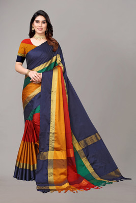 Soor Panchi Self Design Banarasi Cotton Blend Saree(Multicolor)