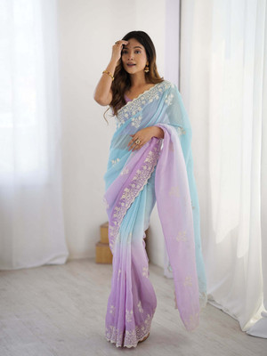 Dwarros Embroidered Bollywood Silk Blend Saree(Light Blue, Purple)
