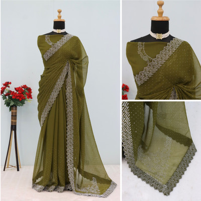 VarniRaaj Fashion Embellished, Geometric Print Bollywood Organza Saree(Light Blue)
