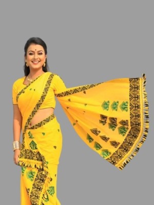 ROSEVILLA Applique Mekhela Chador Cotton Blend Saree(Yellow)