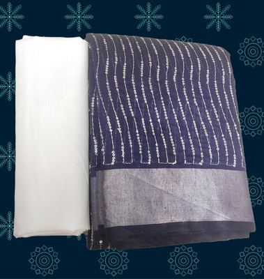 Druxy Striped Bollywood Chanderi, Cotton Silk Saree(Dark Blue)