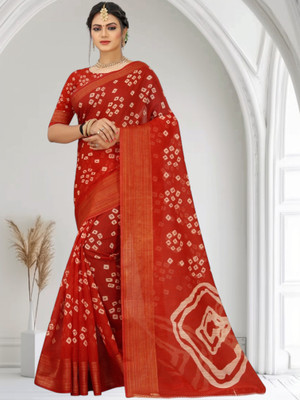 Grubstaker Printed Hand Batik Cotton Blend Saree(Red)
