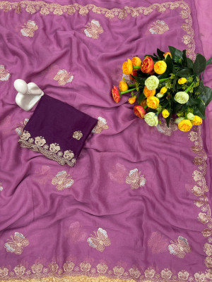 ShreeVastra Embroidered Bollywood Chiffon Saree(Pink)