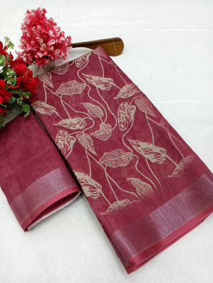 HouseOfCommon Printed Kanjivaram Linen, Cotton Linen Saree(Maroon)