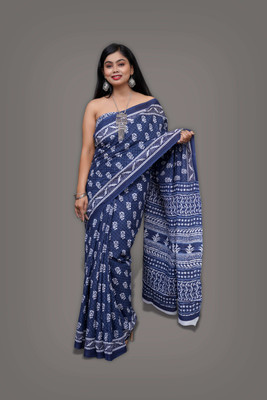 DosayaFabric Blocked Printed Daily Wear Pure Cotton Saree(Blue)
