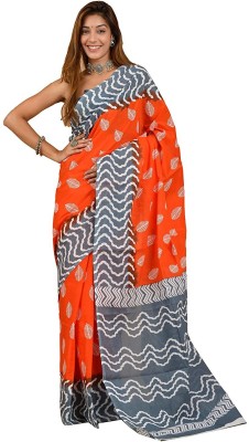 vastraprints Printed, Blocked Printed Ikkat Pure Cotton Saree(Multicolor, Orange, Grey)