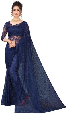 Vragi Self Design, Dyed, Woven Bollywood Net Saree(Dark Blue)