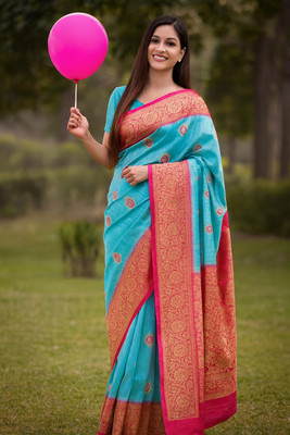 sareekraft Woven, Self Design Saree with Attached Blouse Cotton Silk Saree(Blue, Pink)