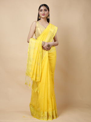 SRILOK Solid/Plain Handloom Cotton Silk Saree(Yellow)