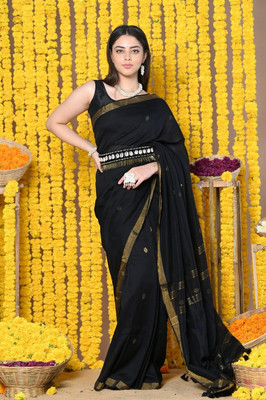 Very Much Indian Woven Handloom Pure Cotton Saree(Black)