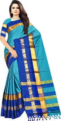 MoonTextile Temple Border Assam Silk Cotton Silk Saree(Blue)
