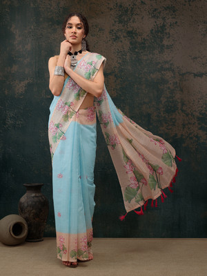 Divastri Digital Print Kalamkari Cotton Blend Saree(Blue)