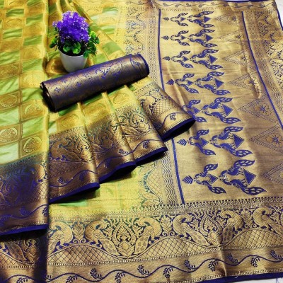 Divastri Printed Banarasi Cotton Silk Saree(Light Green, Blue)