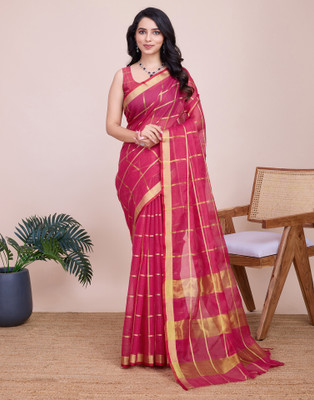 Samah Woven, Embellished, Striped Kota Doria Silk Blend Saree(Pink, Gold)