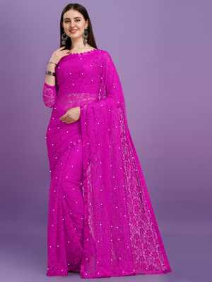 LOROFY Self Design Bollywood Net, Jacquard Saree(Pink)