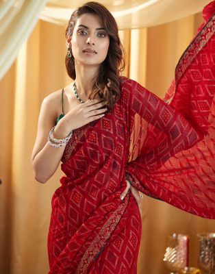Samah Printed, Embellished, Woven Bollywood Georgette Saree(Red)