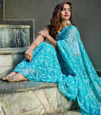 Afia Lucknowi Chikankari Embroidered Lucknow Chikankari Georgette Saree(Light Blue)