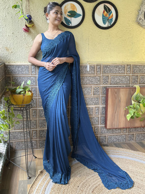 Sareemall Embroidered Bollywood Georgette Saree(Dark Blue)
