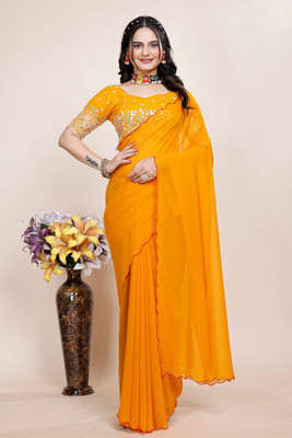 SAADHYA CREATION Embroidered, Solid/Plain Bollywood Georgette Saree(Mustard)