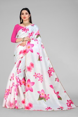 VANRAJ CREATION Floral Print Bollywood Satin Saree(White)