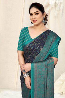 MIRCHI FASHION Printed, Floral Print Daily Wear Chiffon, Georgette Saree(Dark Blue, Beige)
