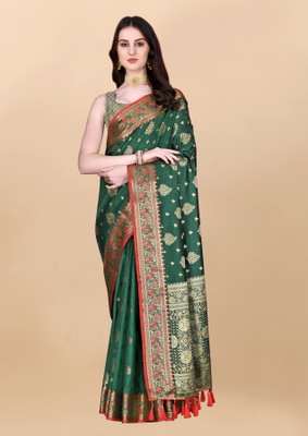 KRIYANS Self Design Banarasi Cotton Silk, Jacquard Saree(Dark Green)