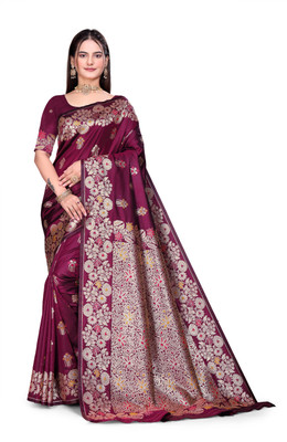 GHODTEXTILE Woven, Self Design, Floral Print, Temple Border Banarasi Pure Silk Saree(Purple)