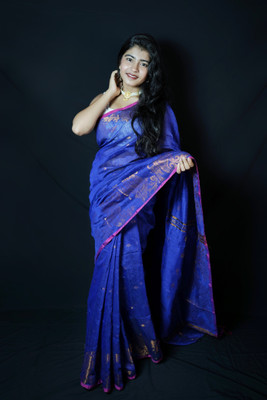 ShibamBasonalay Embroidered Jamdani Cotton Blend Saree(Blue)