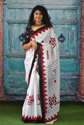 Tropwear Self Design, Printed, Blocked Printed, Digital Print, Hand Painted Ikkat Pure Cotton Saree(White)