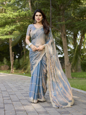 AMBUJAINTERNATIONAL Embroidered Bollywood Jimmy choo Saree(Light Blue)