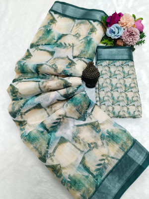ASHTA Floral Print Kanjivaram Linen Saree(Cream)