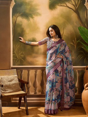 Sangria Printed Saree with Attached Blouse Cotton Blend Saree(Purple)
