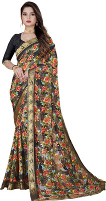 HouseOfCommon Printed Bollywood Georgette Saree(Multicolor, Black)