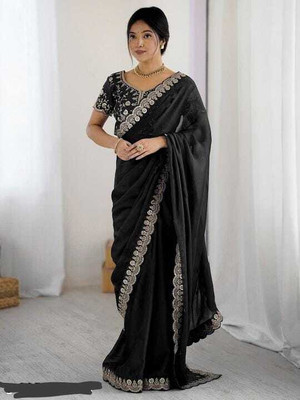 Disha Fashion Embroidered, Solid/Plain Bollywood Organza Saree(Black)