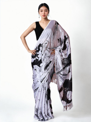 PANZORA Printed Bollywood Silk Blend Saree(White, Black)