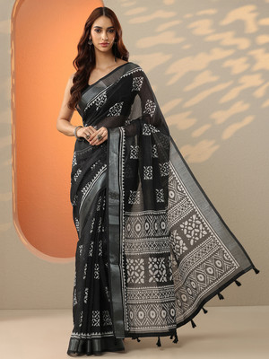 LIBAS Printed Daily Wear Cotton Blend Saree(Black)