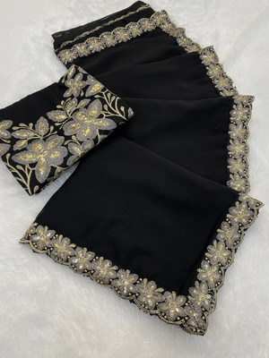K 5 FASHION Solid/Plain Bollywood Chiffon Saree(Black)