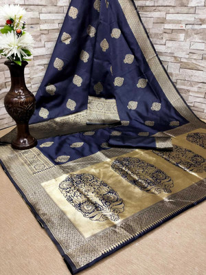 SHRIMAY Woven Kanjivaram Silk Blend Saree(Dark Blue)