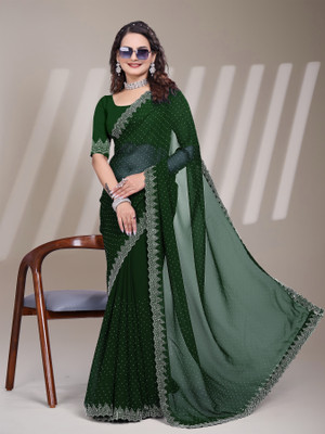 PRISHA Solid/Plain Bollywood Georgette Saree(Green)