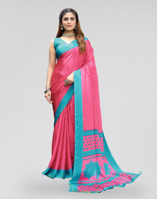 ANIRAV Printed Bollywood Tussar Silk Saree(Pink, Blue)