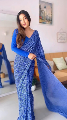 ANUVRATA Printed Saree with Attached Blouse Georgette Saree(Light Blue)