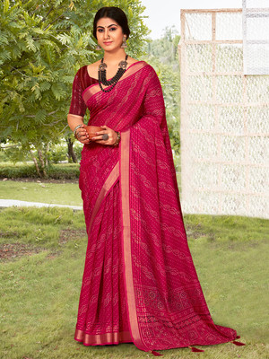 Tasrika Printed Bandhani Cotton Blend Saree(Pink)
