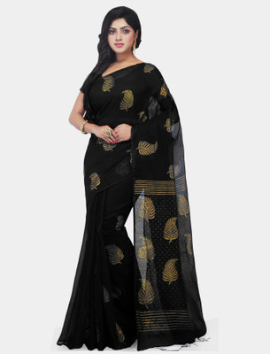 Mystory Blocked Printed Daily Wear Handloom Cotton Silk Saree(Gold, Black)