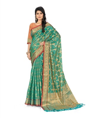 M.S.RETAIL Printed Banarasi Silk Blend Saree(Blue)